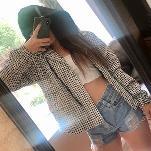 Houndstooth Print Button Through Hooded Jacket